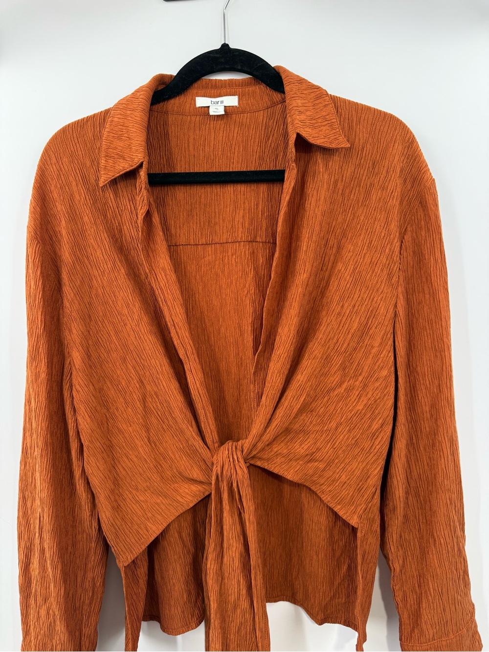 Bar III Textured Wrap Tie Front Blouse Rust Orange Long Sleeve Size XL